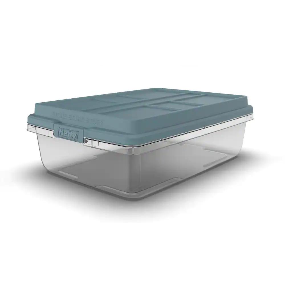 Hefty 40 qt. Clear Plastic Storage Bin with Blue Hi-Rise Lid, 6 Pack