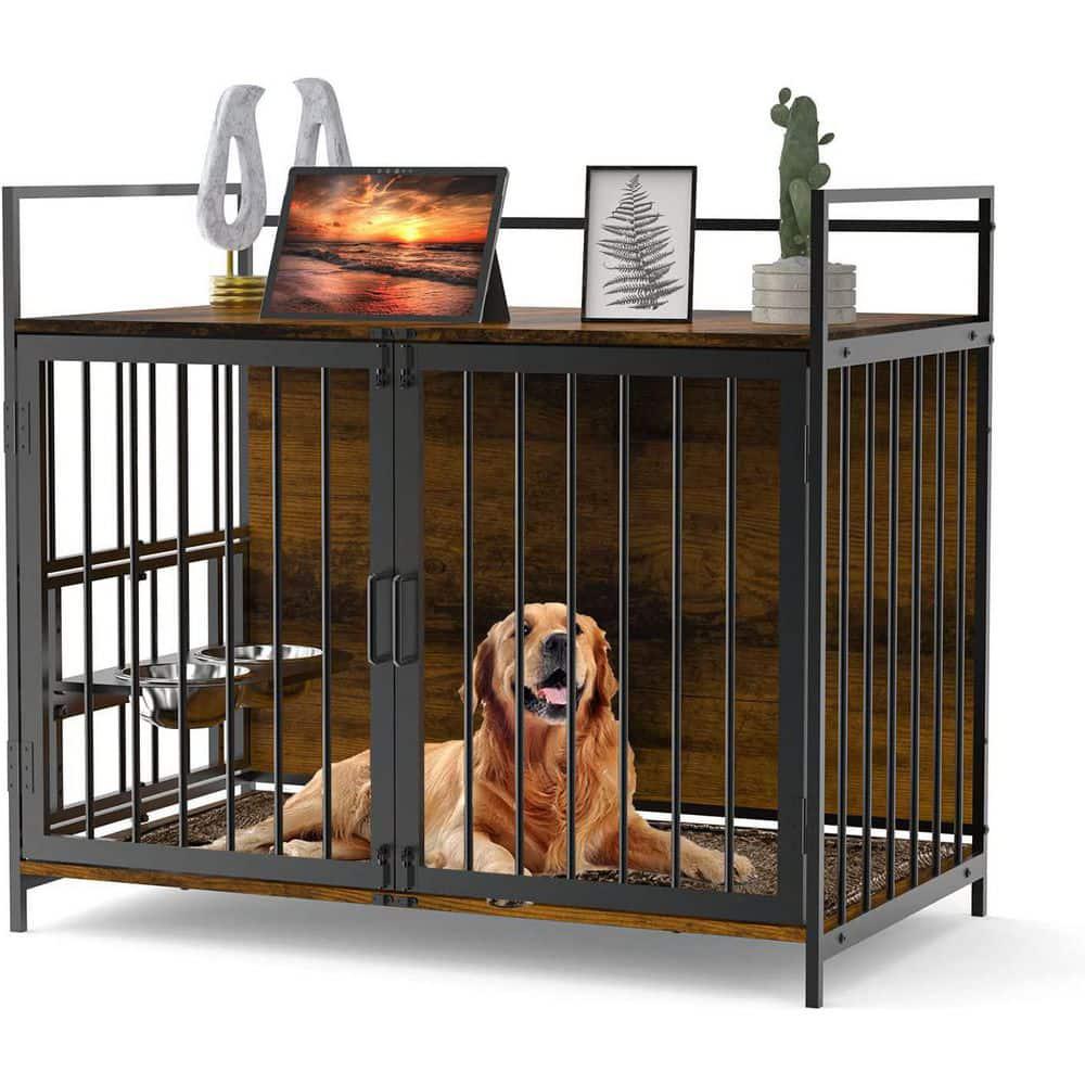 HomLux 41 in. L x 24 in. W x 36 in. H Furniture Style Dog Crate w/360-Degree Swivel & Height Adjustable Eating Rack and Dog Pad