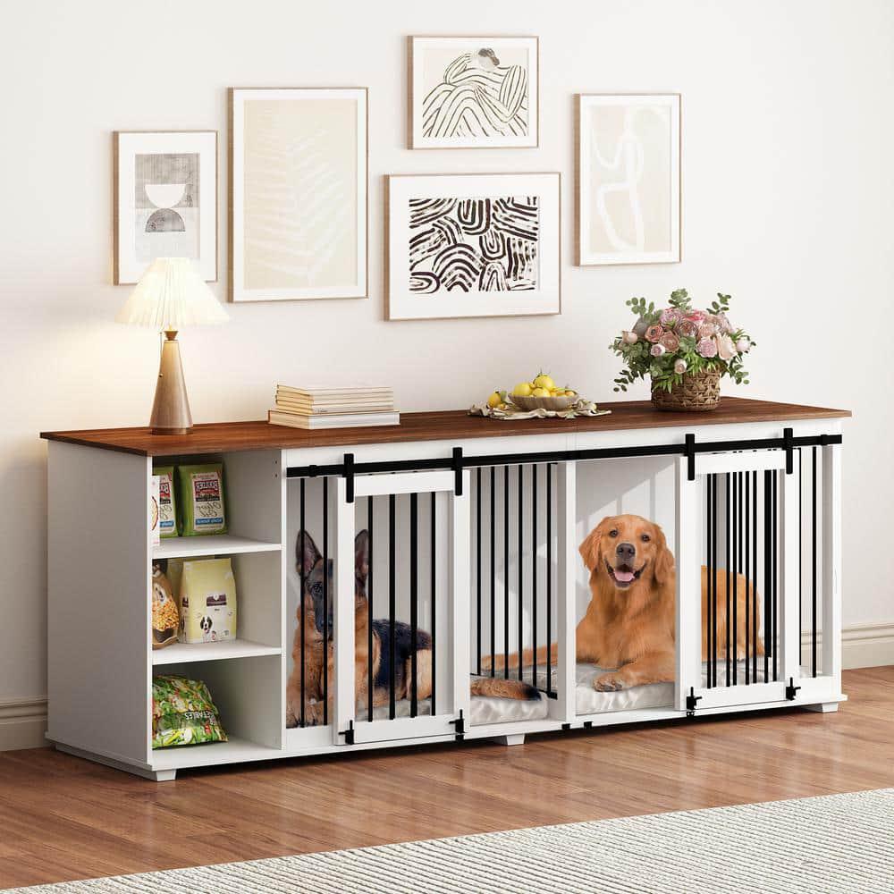 WIAWG Indoor Dog Crate Furniture for 2 Dogs, Large Wooden Double Dog Kennel Corner Dog House Cage with Drawers for Medium Dogs, White