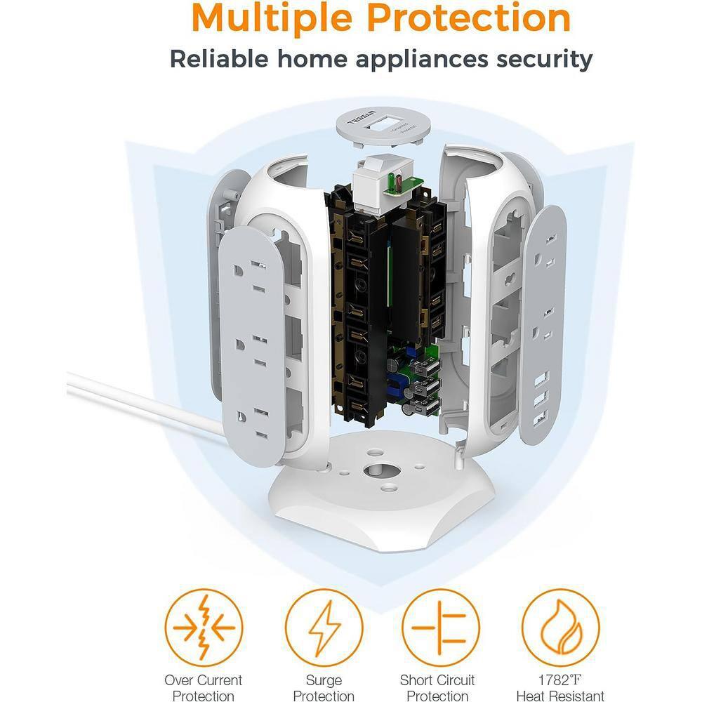 Etokfoks 10 ft. 4 AC Outlets Flat Plug Power Strip with 3 USB