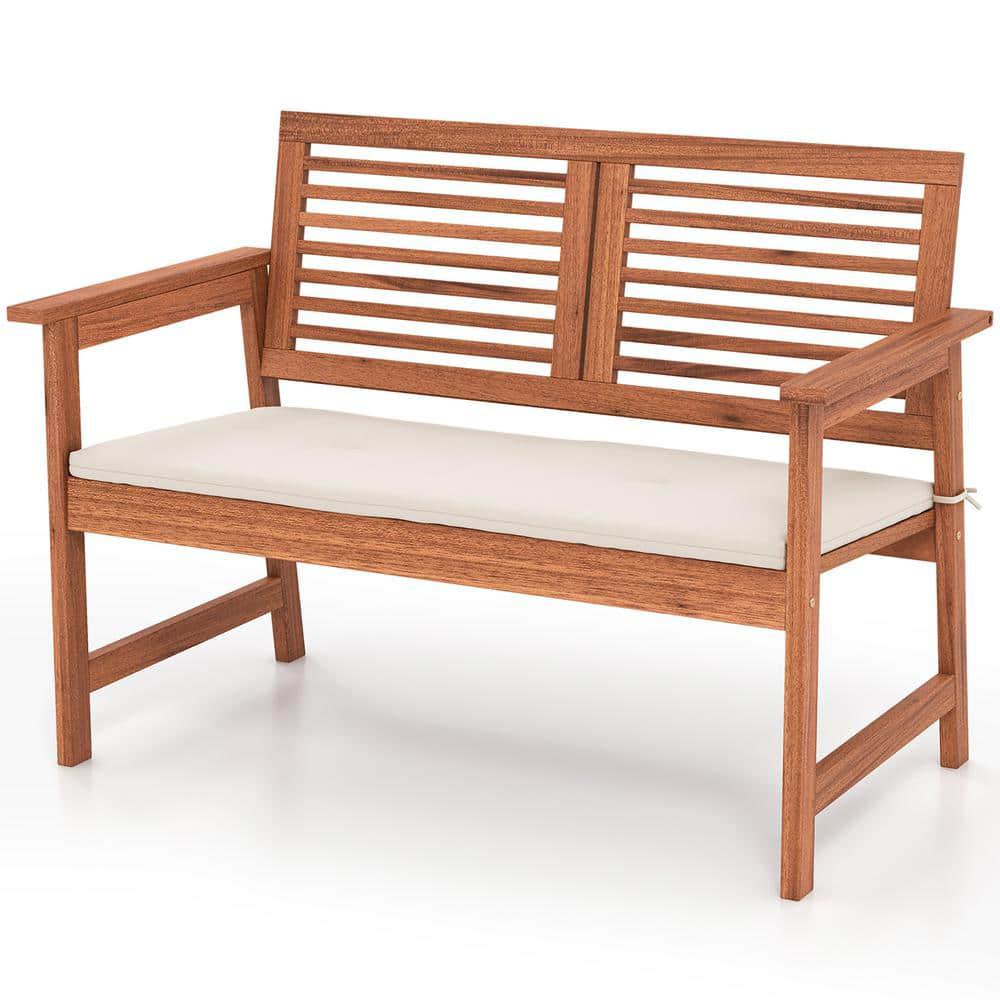 Gymax Wood Outdoor Bench with Cushion 2 Person Patio Bench