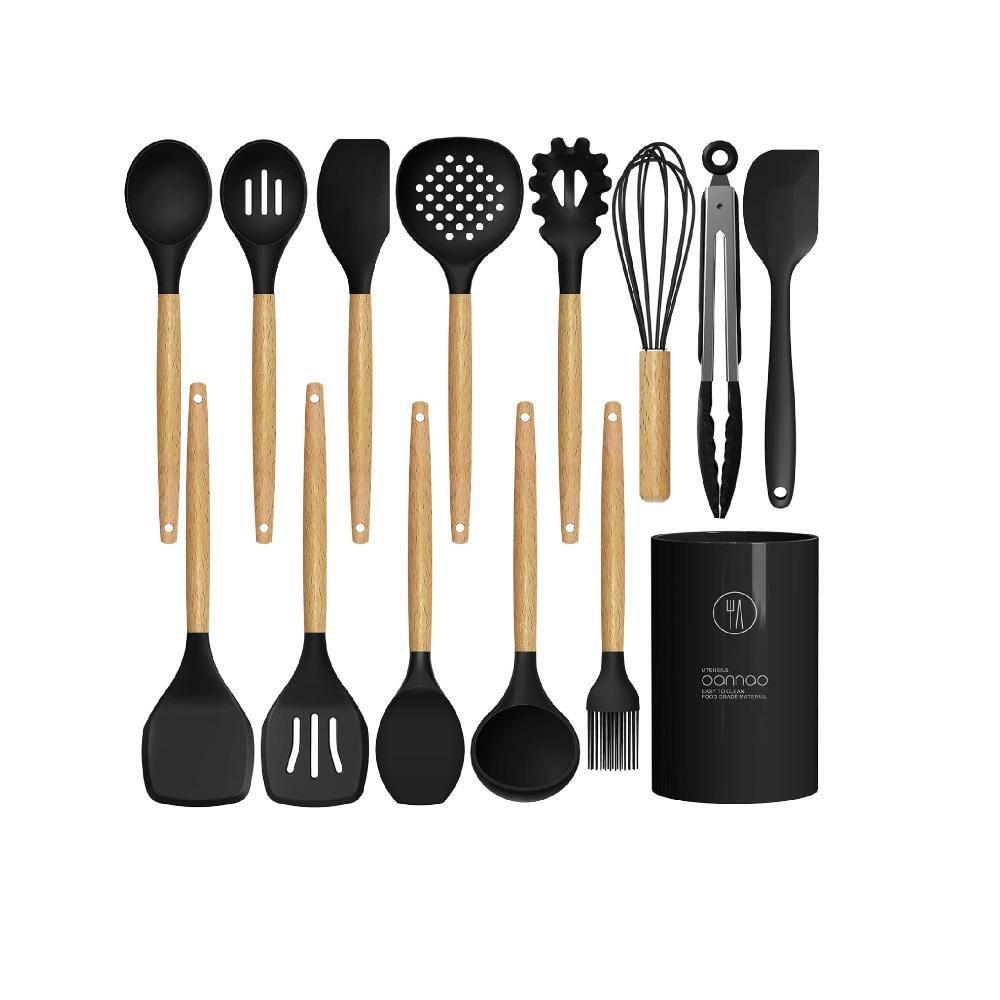 Aoibox 15-Piece Silicon Cooking Utensils Set with Wooden Handles