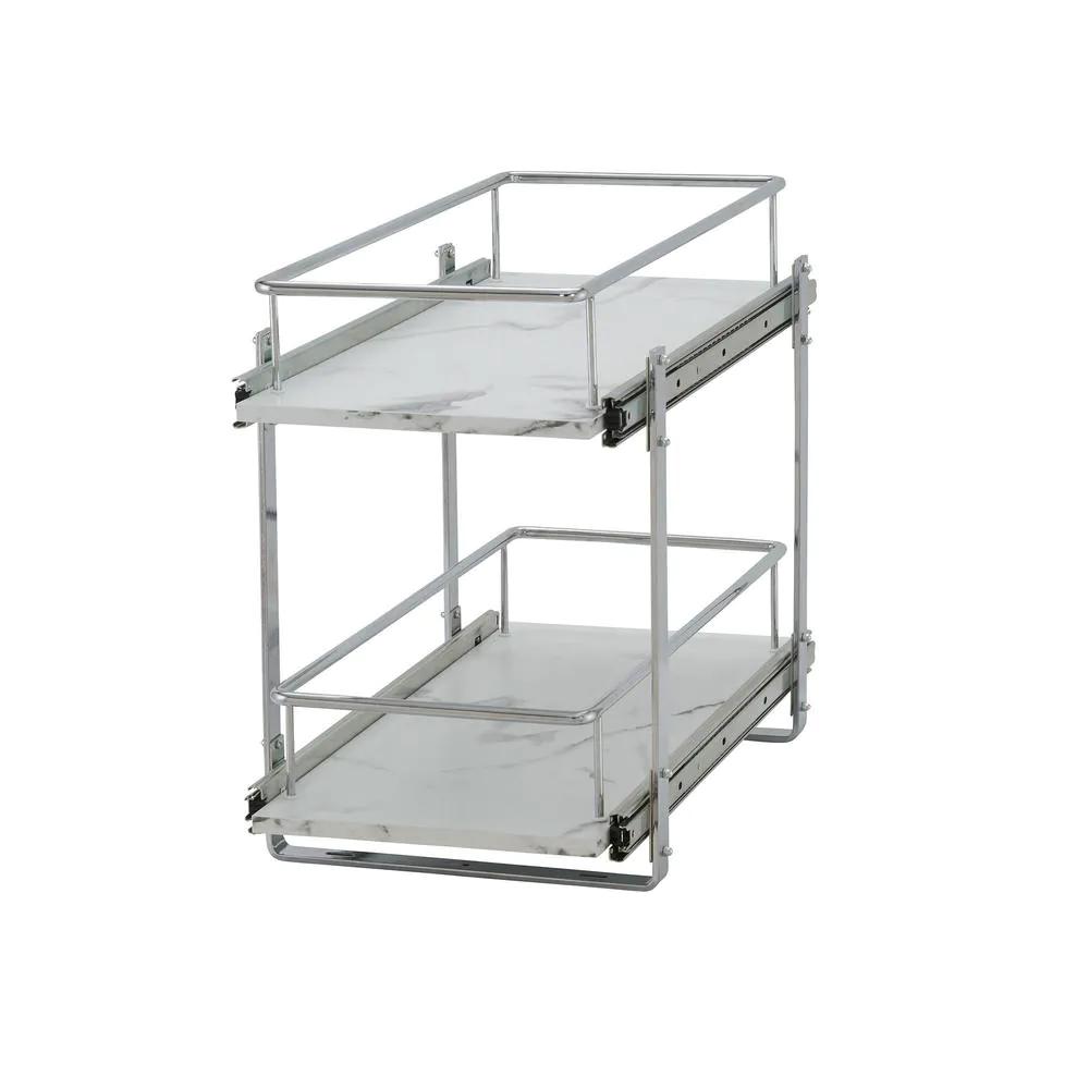 HOUSEHOLD ESSENTIALS Chrome and Faux Marble Sliding 2-Tier Steel Under Sink  Shelving Unit 12.25 in. W x 16 in. H x 21 in. D C53521-1 - The Home Depot