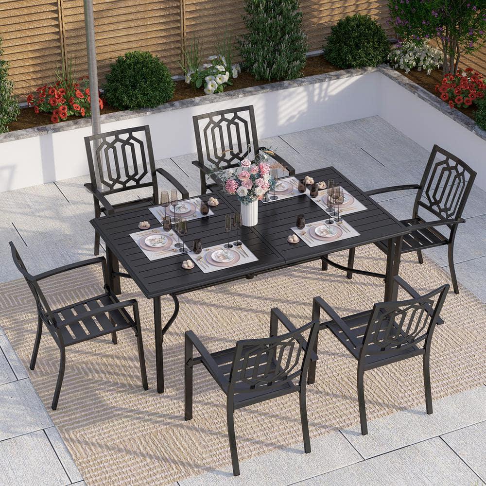 PHI VILLA Black 7-Piece Metal Rectangle Patio Outdoor Dining Set