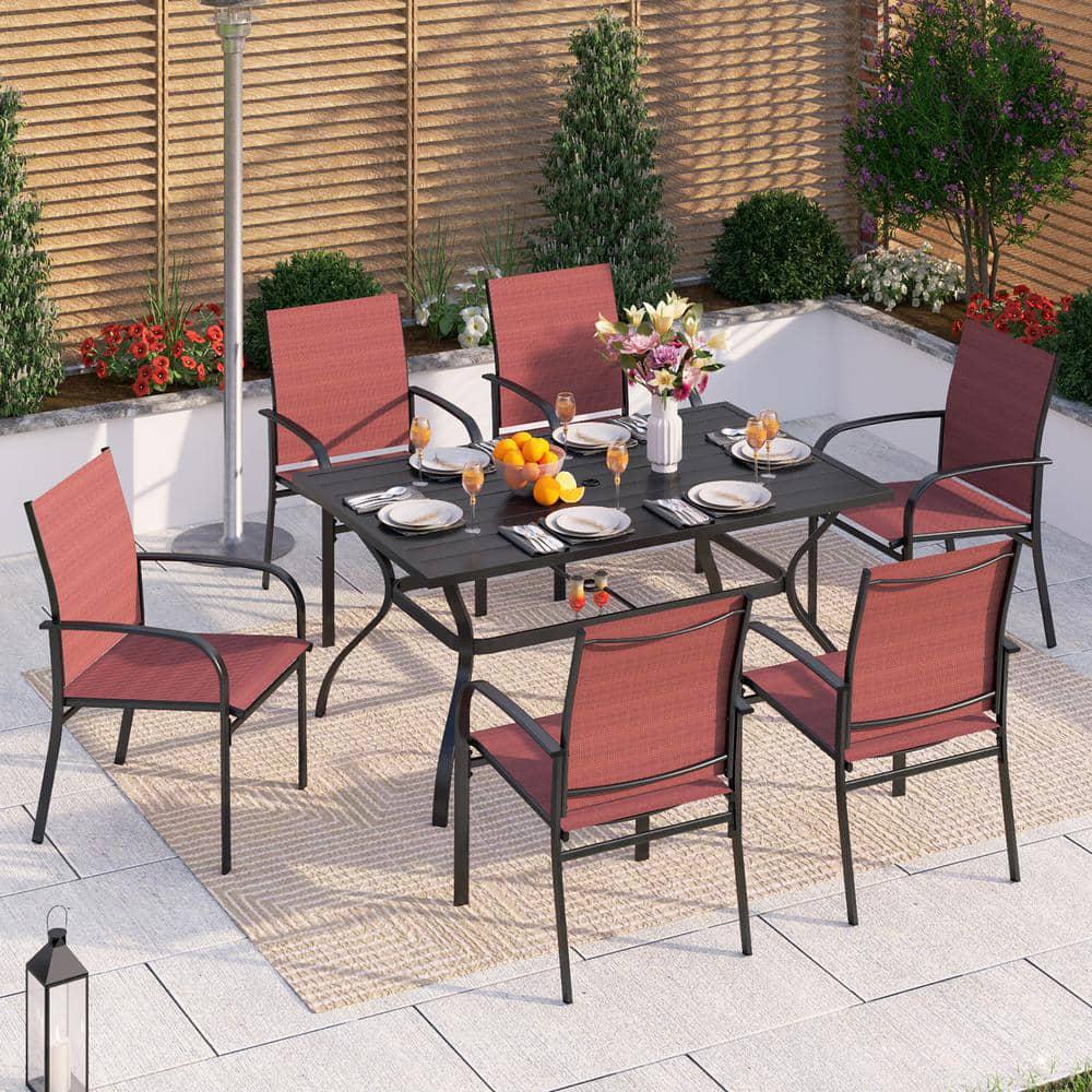 PHI VILLA Black 7-Piece Metal Rectangle Patio Outdoor Dining Set