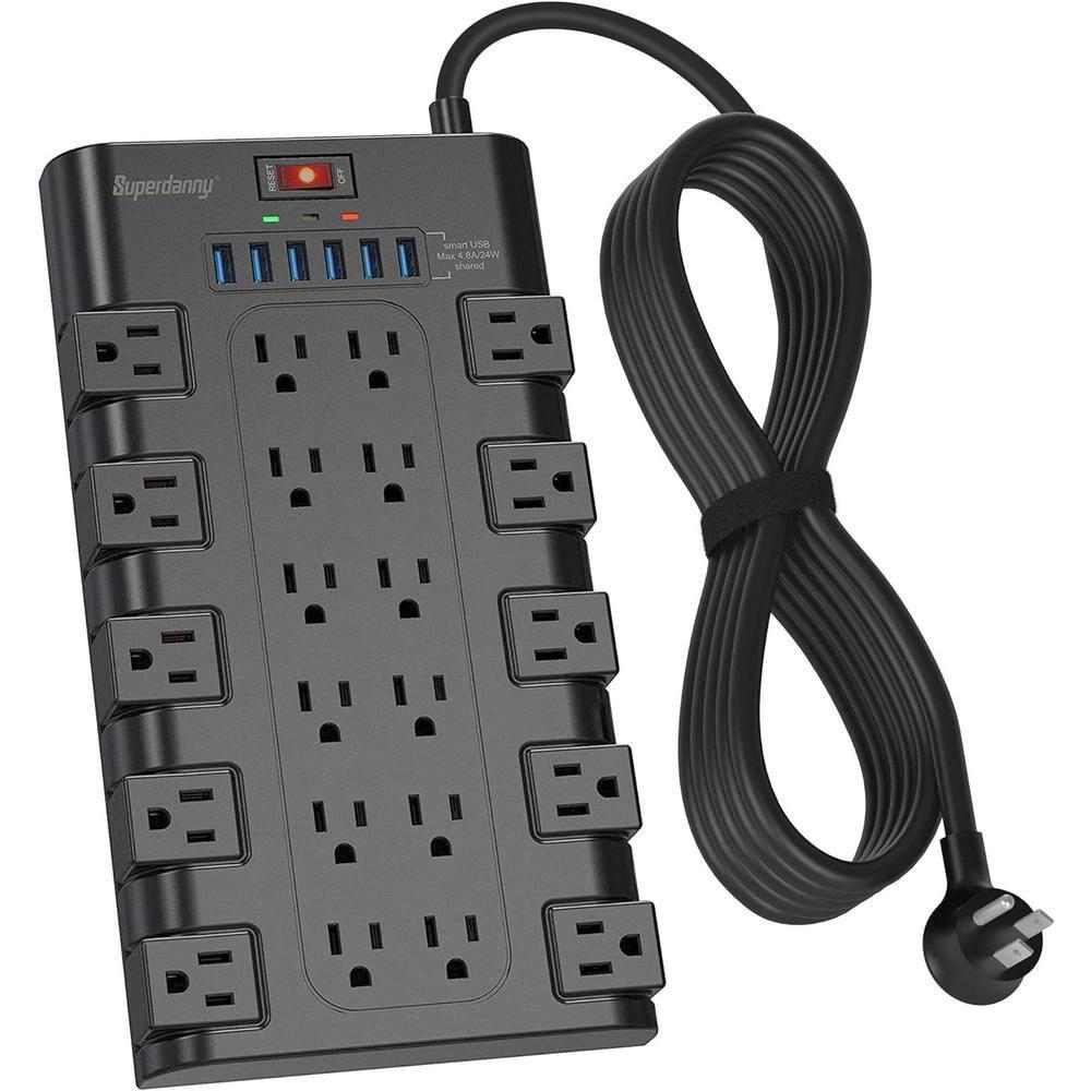 Etokfoks 10 ft. 4 AC Outlets Flat Plug Power Strip with 3 USB